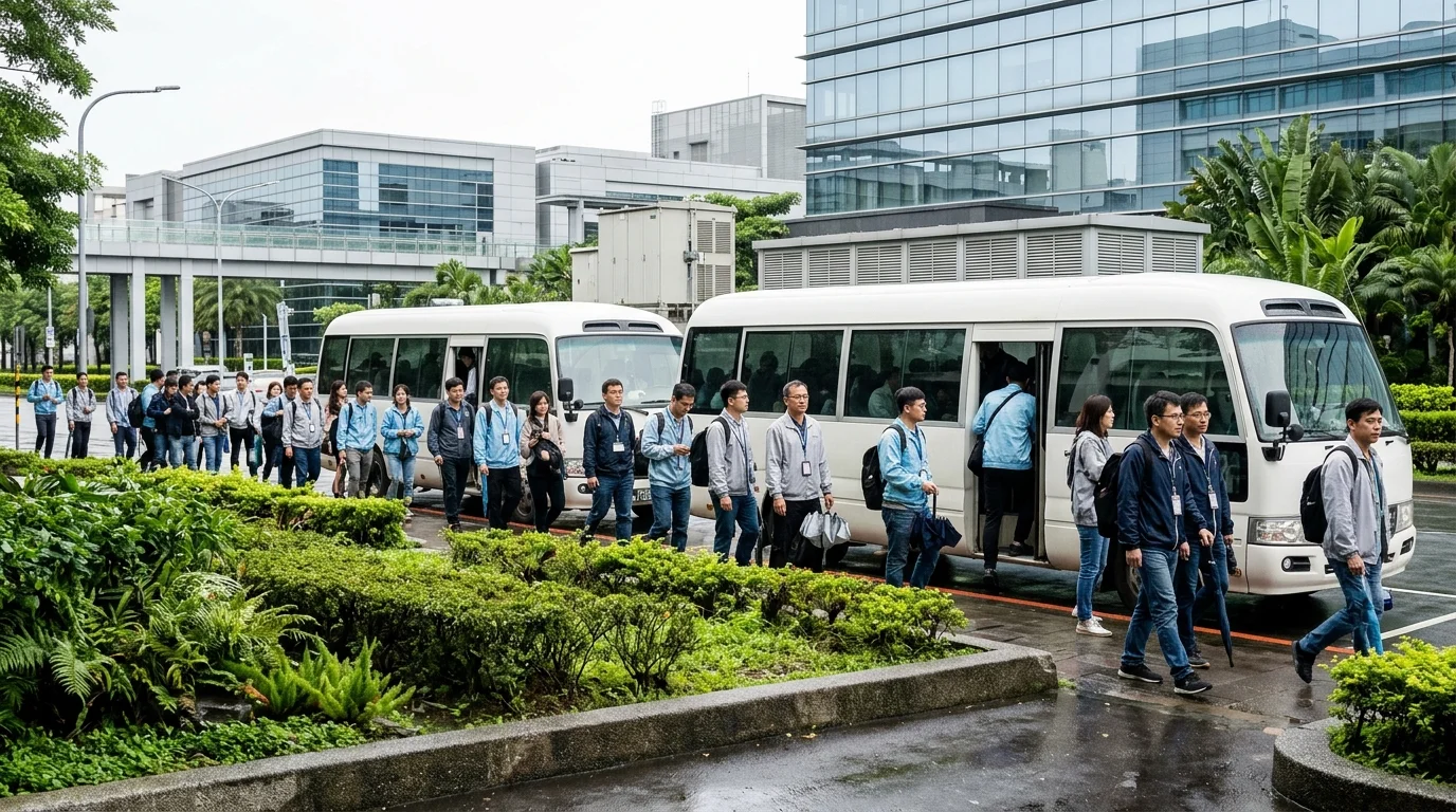 Luminous overcast at a Hsinchu science park bus loop as shuttle buses load engineers between mirrored office towers