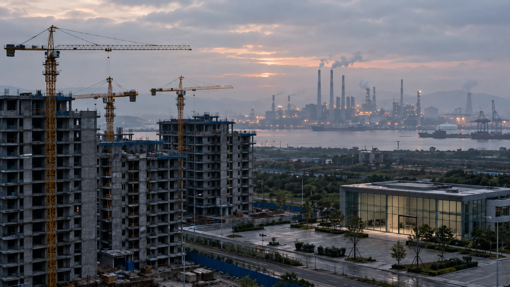 Unfinished residential towers with idle cranes in the foreground and a lit industrial zone on the horizon under overcast skies