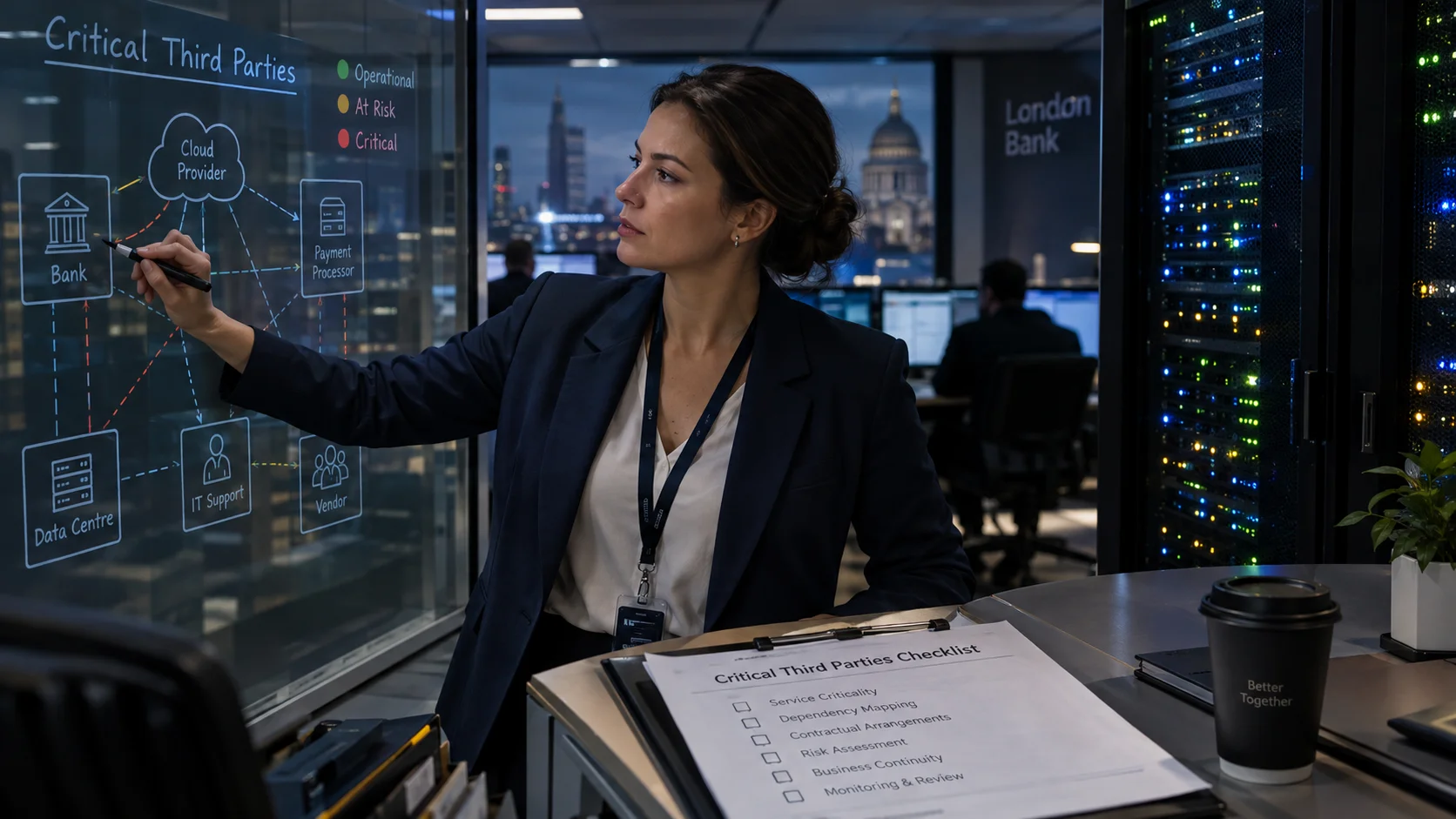 Bank resilience officer tracing a network diagram beside server status LEDs and a Critical Third Parties checklist