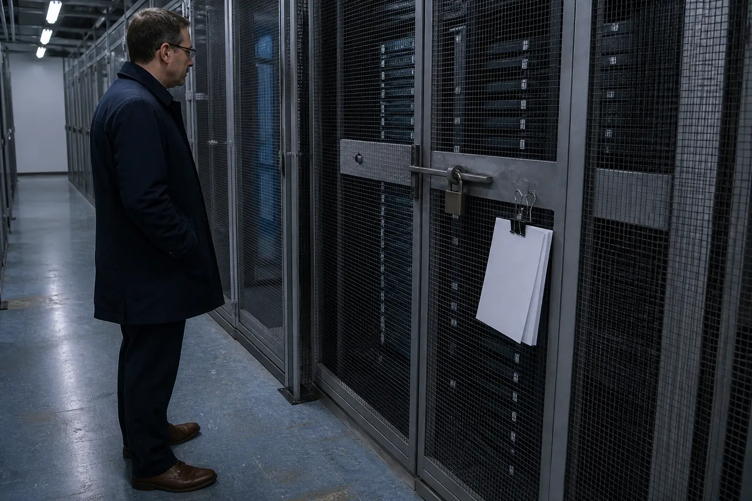 Independent auditor waiting outside a locked colocation cage with a blank checklist clipped to the mesh
