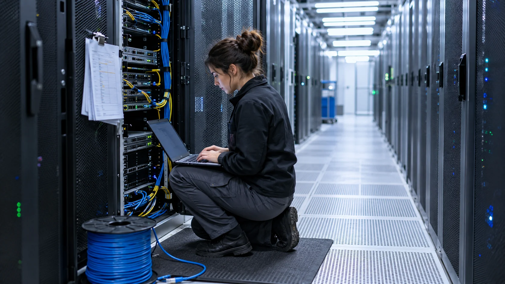 Technician kneeling in a data center cold aisle with an open rack and laptop for patching work