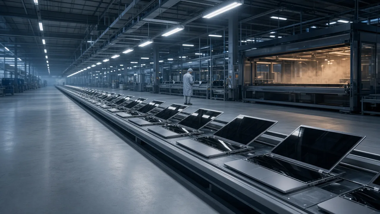 Technician on an OEM laptop assembly line at blue hour, open premium chassis on a long conveyor under cool LEDs