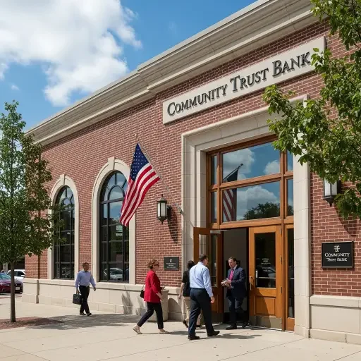 Exterior of a regional bank with customers entering, a small American flag visible