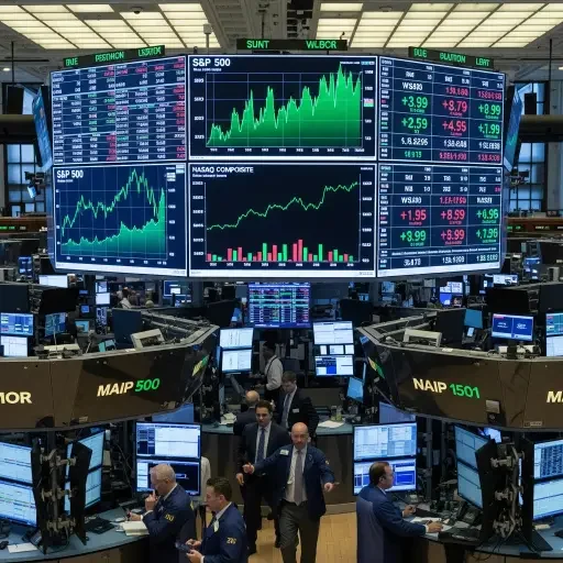 Trading floor with screens showing rising equity indices, traders in the foreground