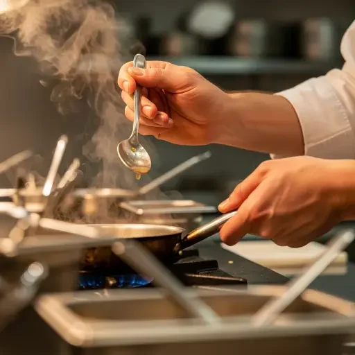 A chef’s hands at work, a tasting spoon poised over a pan