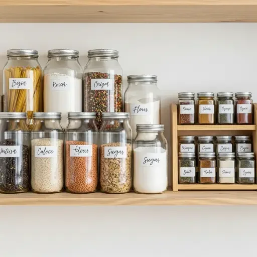 A neatly organized pantry shelf with labeled jars and a small spice rack