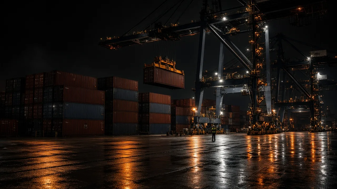 Night container yard under gantry cranes, one box in the air, wet asphalt