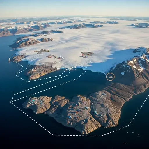Aerial view of Greenland ice sheet with visible mineral exploration sites and shipping lanes marked, illustrating strategic resource value