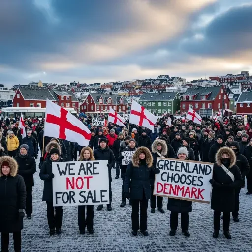 Protesters in Nuuk, Greenland holding signs reading "We are not for sale" and "Greenland chooses Denmark" with Greenlandic flags, January 17, 2026