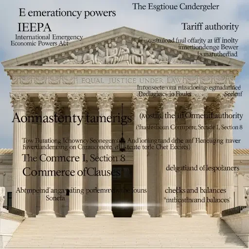 US Supreme Court building with constitutional law texts overlaid, representing IEEPA authority questions on tariff powers