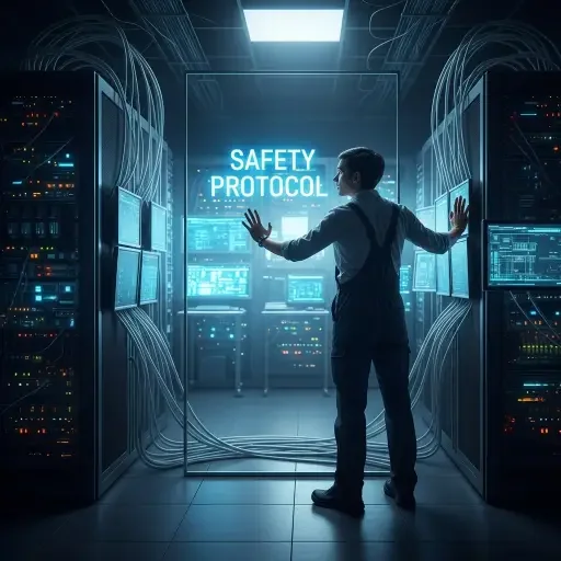 a cautious digital steward stands before a translucent wall labeled 