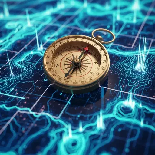 a compass overlaid on a digital landscape