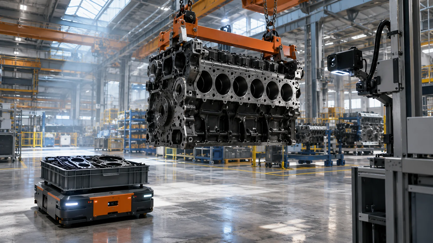 Heavy engine assembly hall with a diesel block on an overhead hoist and an autonomous robot carrying gaskets