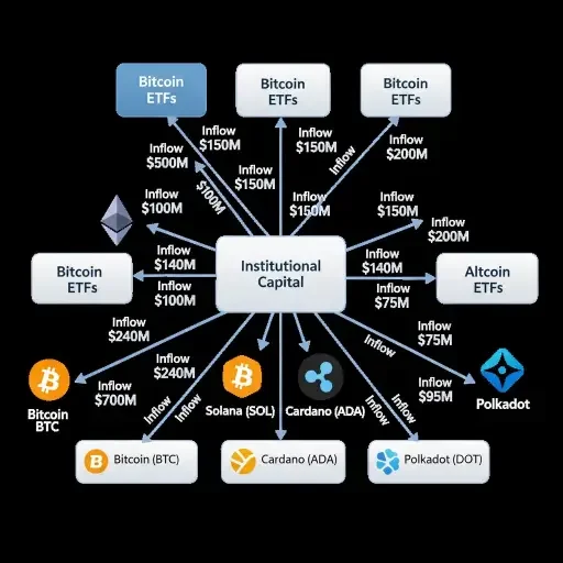 ETF flow chart showing institutional inflows into bitcoin and select altcoins