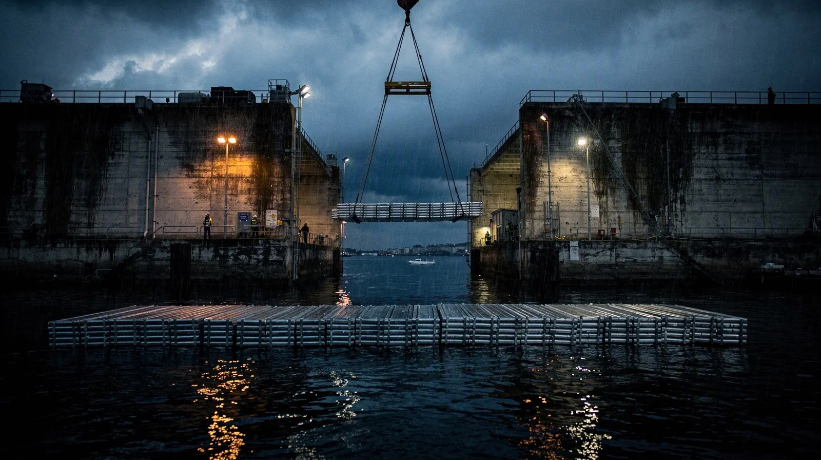 A crane lifts a bridge of tightly bundled metal collateral between rain-darkened concrete piers at night