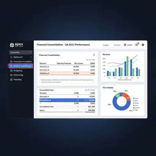 Dashboard view of corporate performance-management software with financial consolidation screens