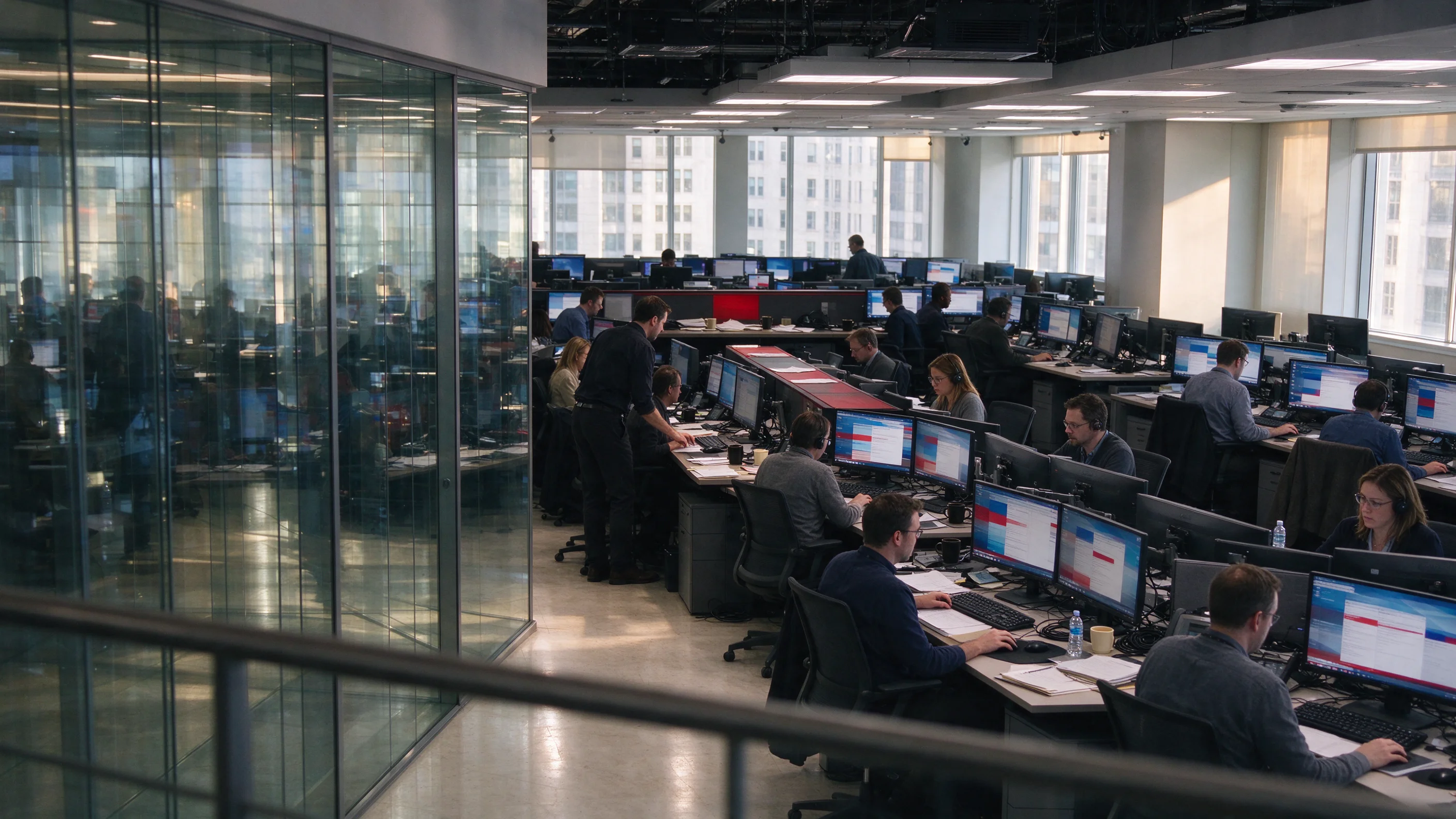 Bright afternoon in a network newsroom, producers at desks with mult monitors showing unbranded feeds, glass walls and busy cables overhead