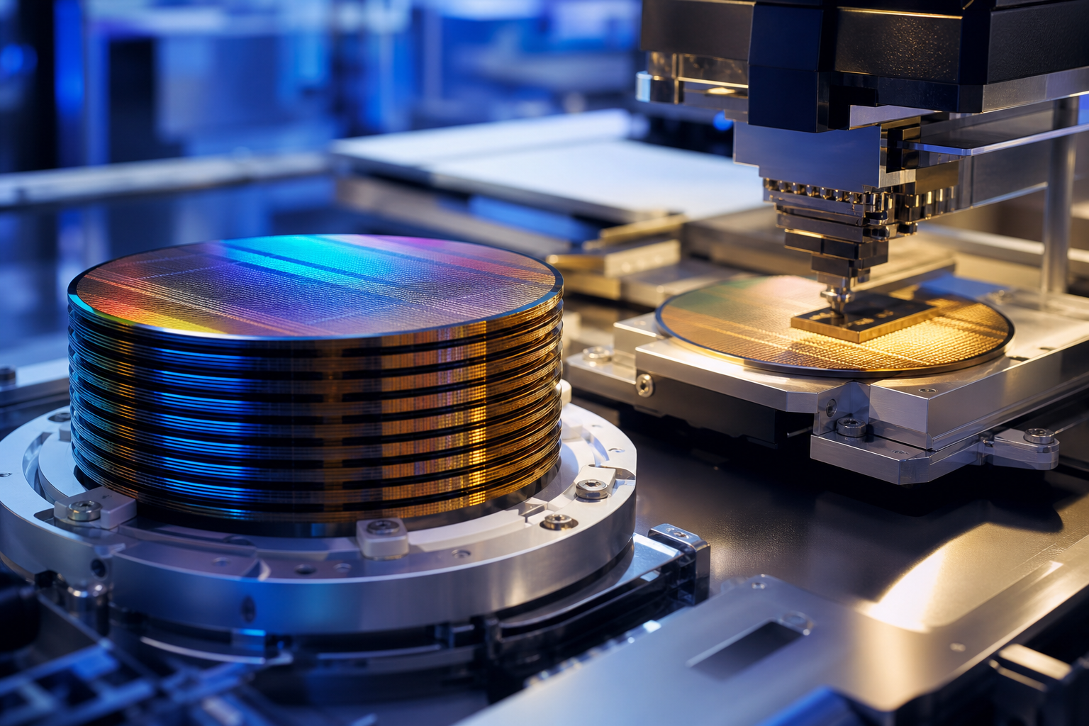 Close-up of high-bandwidth memory semiconductor wafer stacks in an advanced packaging cleanroom