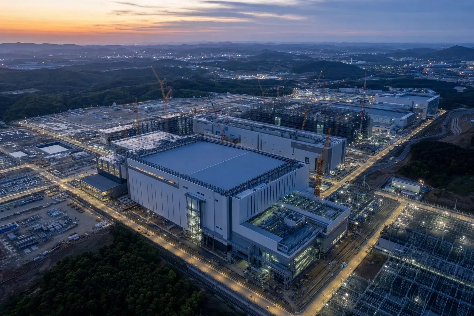 Aerial view of a semiconductor fabrication campus under construction in southwestern South Korea at dusk, with cranes and cleanroom buildings