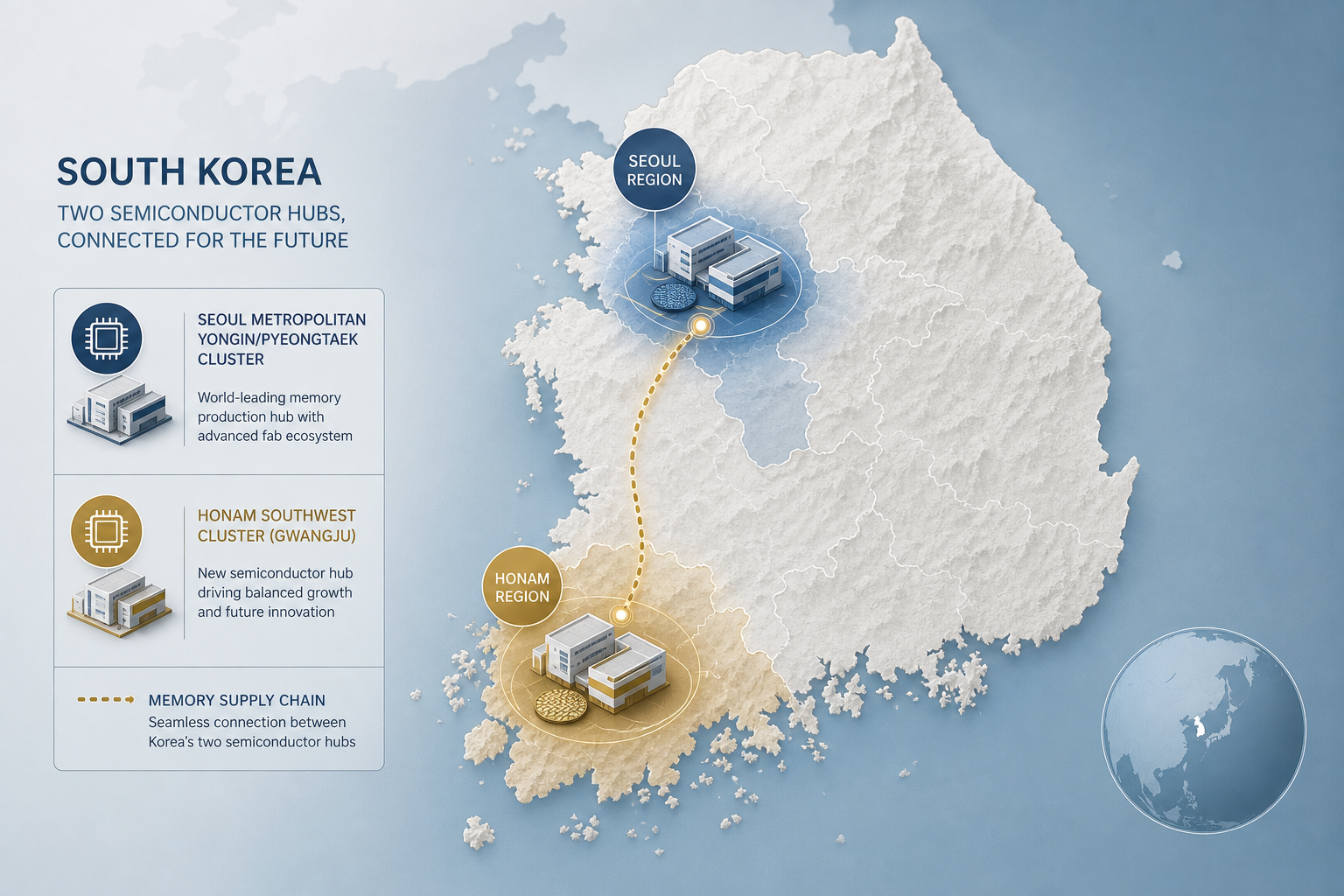 Map illustration of South Korea showing the Seoul metropolitan semiconductor cluster and the new Honam southwest hub near Gwangju