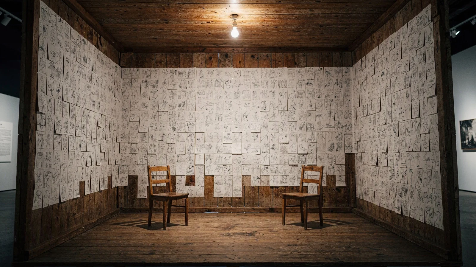 Close view of plywood crate walls dense with pinned pencil drawings, bare bulb and extension cord inside an auction preview space