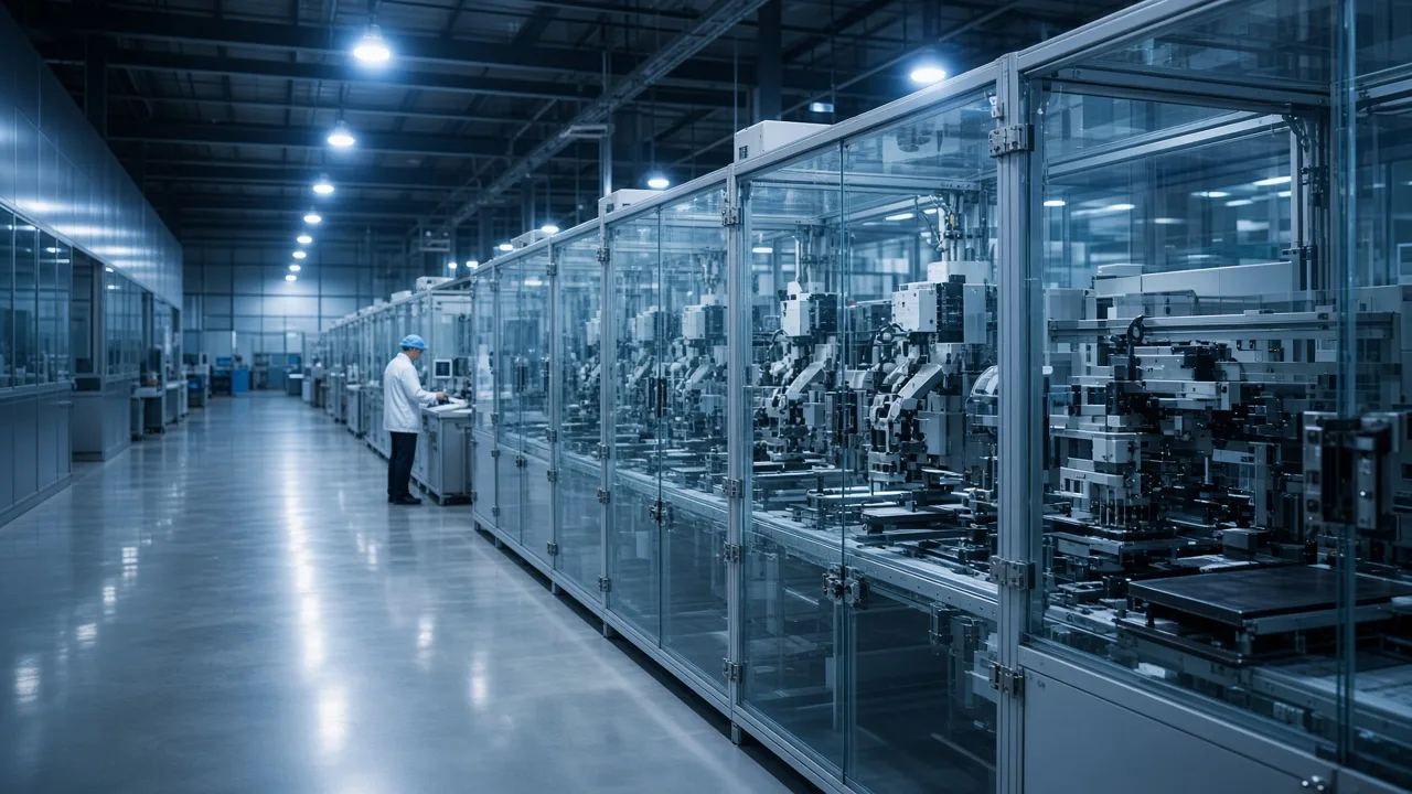 Blue-hour electronics production line under cool high-bay LEDs, a technician tiny against pick-and-place arms