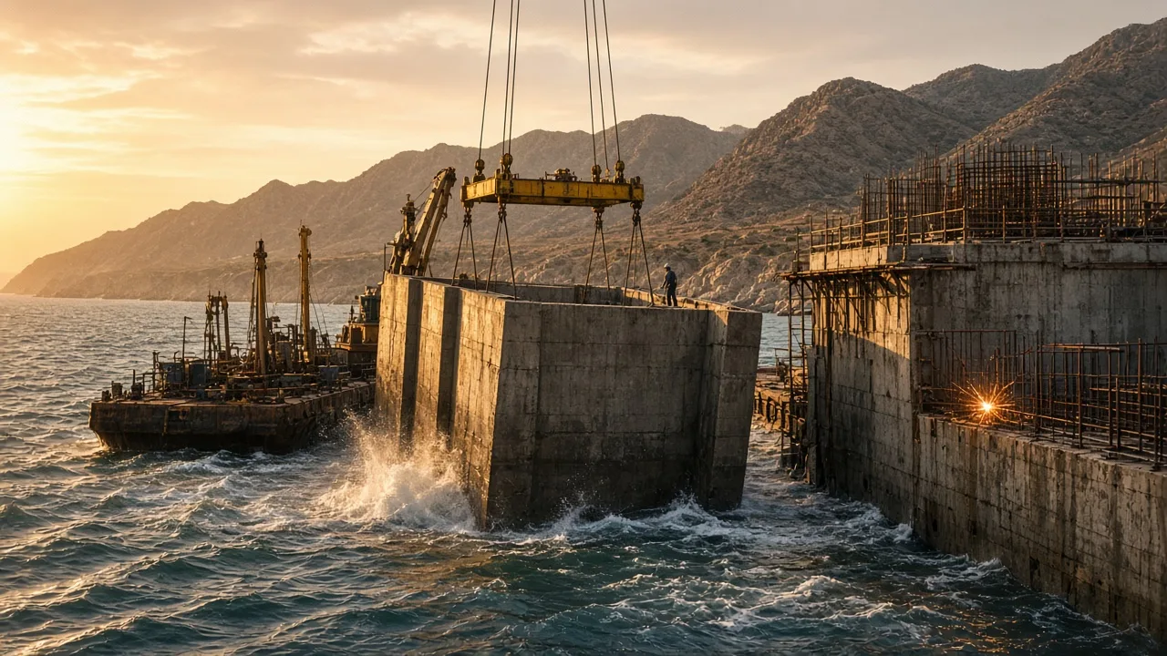 A concrete caisson lowered into Gulf of Oman swell beside a half-built quay at golden hour