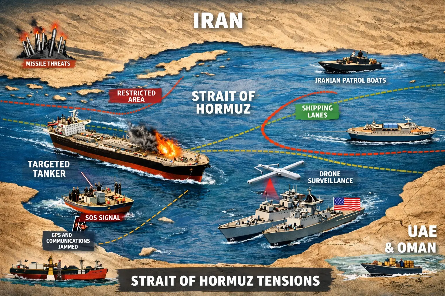 Map showing 700+ anchored vessels on both sides of the Strait of Hormuz with shipping route diversions around the Cape of Good Hope