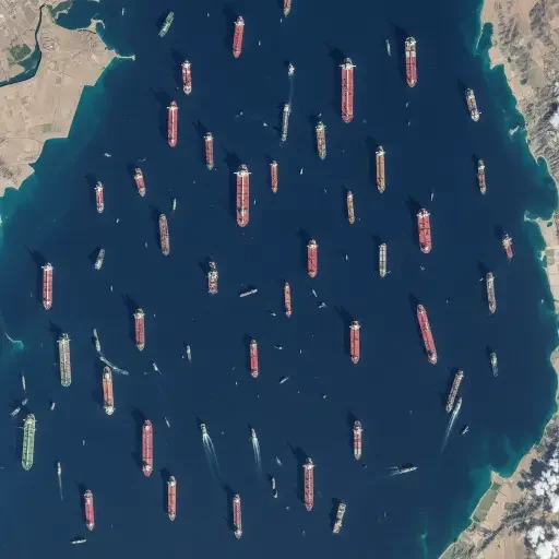Satellite view of the Strait of Hormuz showing hundreds of anchored tankers unable to transit the narrow waterway