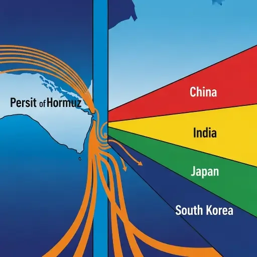 Abstract showing Strait of Hormuz with oil flow routes to Asia, highlighting Japan, South Korea, China, and India as primary destinations