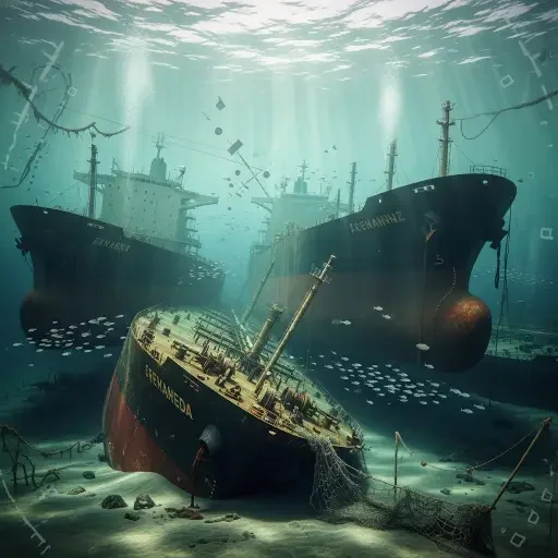 Underwater view of oil tankers stranded in the Persian Gulf near the Strait of Hormuz during the 2026 crisis