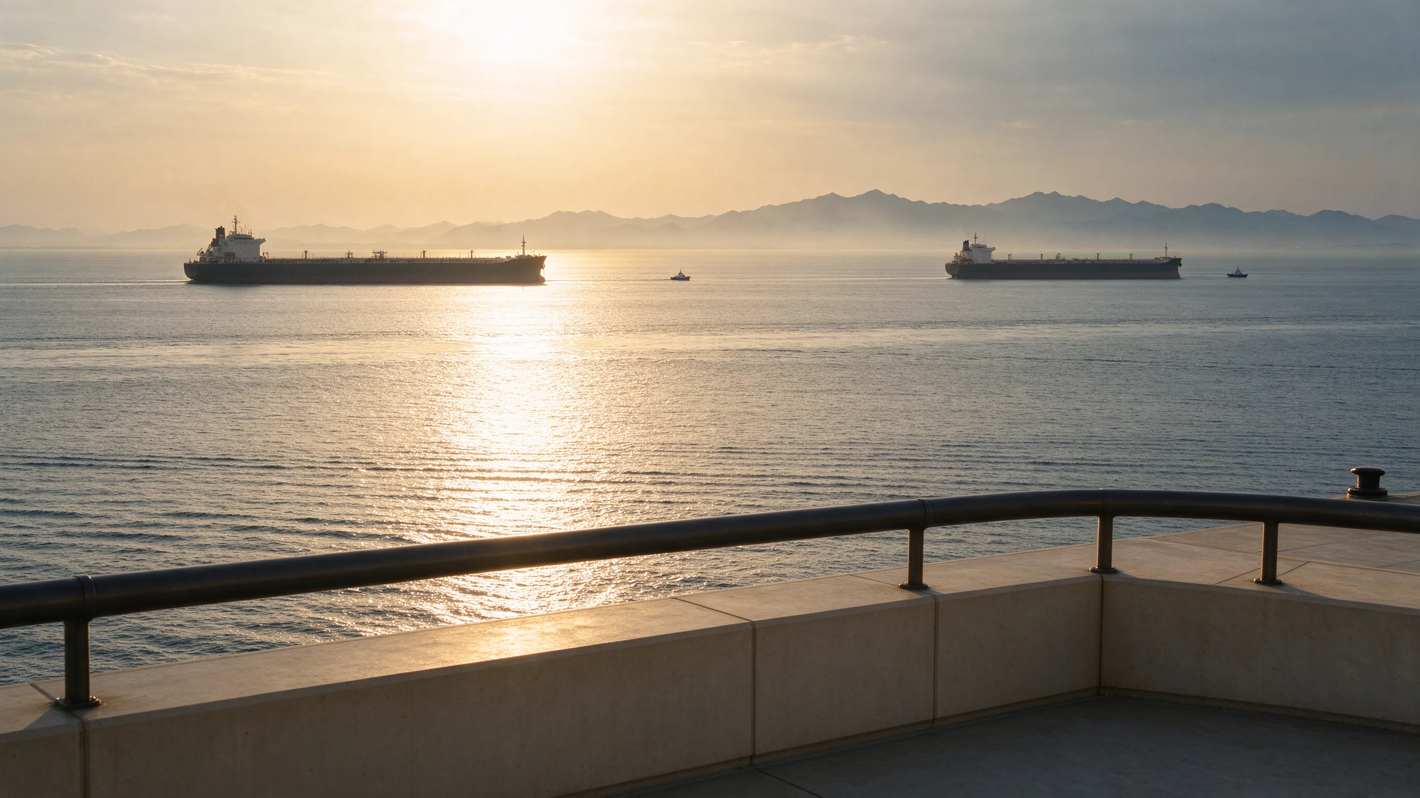 Golden-hour haze over a wide Gulf channel with distant tankers and pilot boats seen from a coastal terrace
