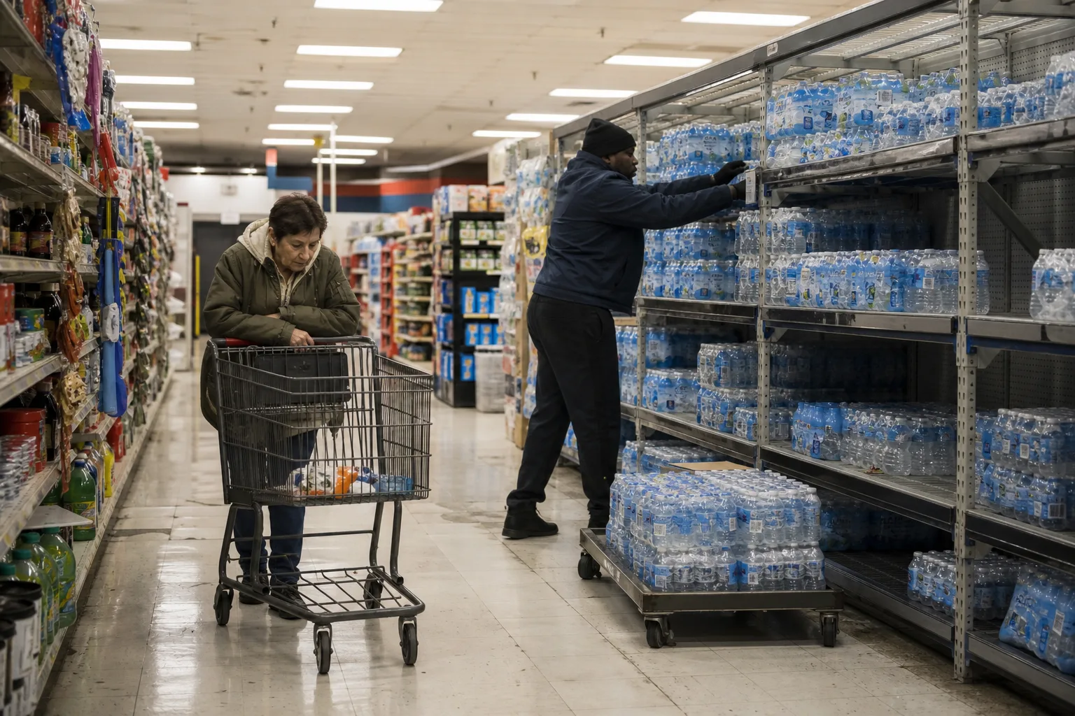 A nearly empty supermarket aisle at closing hour, one shopper with a sparse cart and a night worker restocking bottled water under fluorescent light