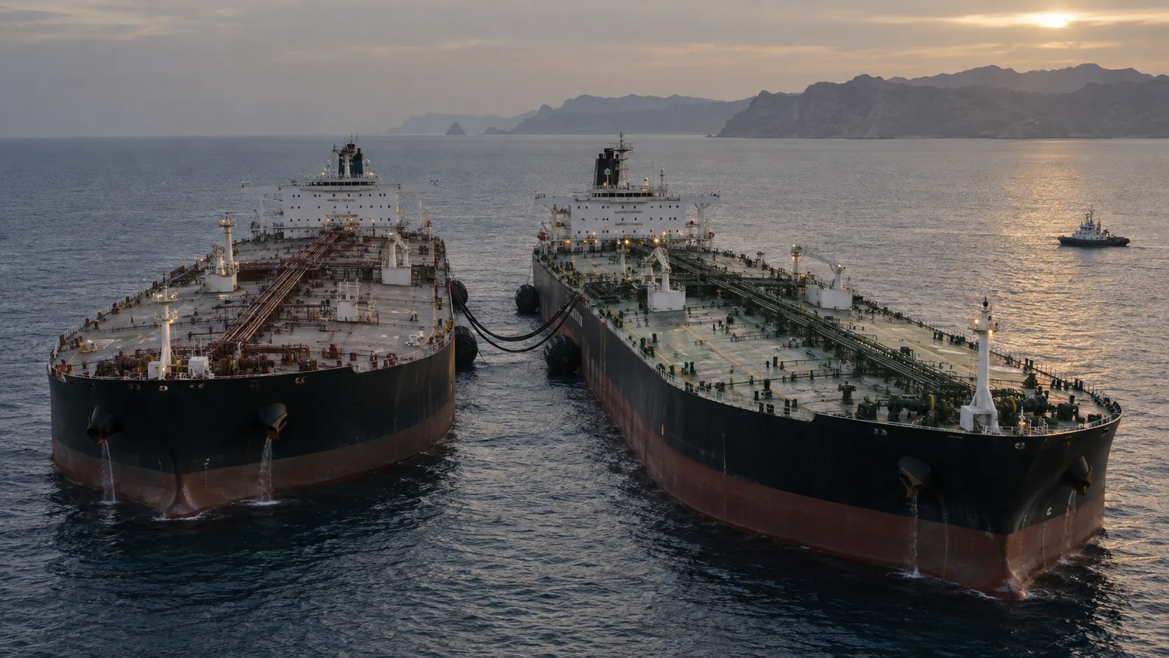A stretched, late-afternoon scene of a mid-ocean transfer silhouetted against low light