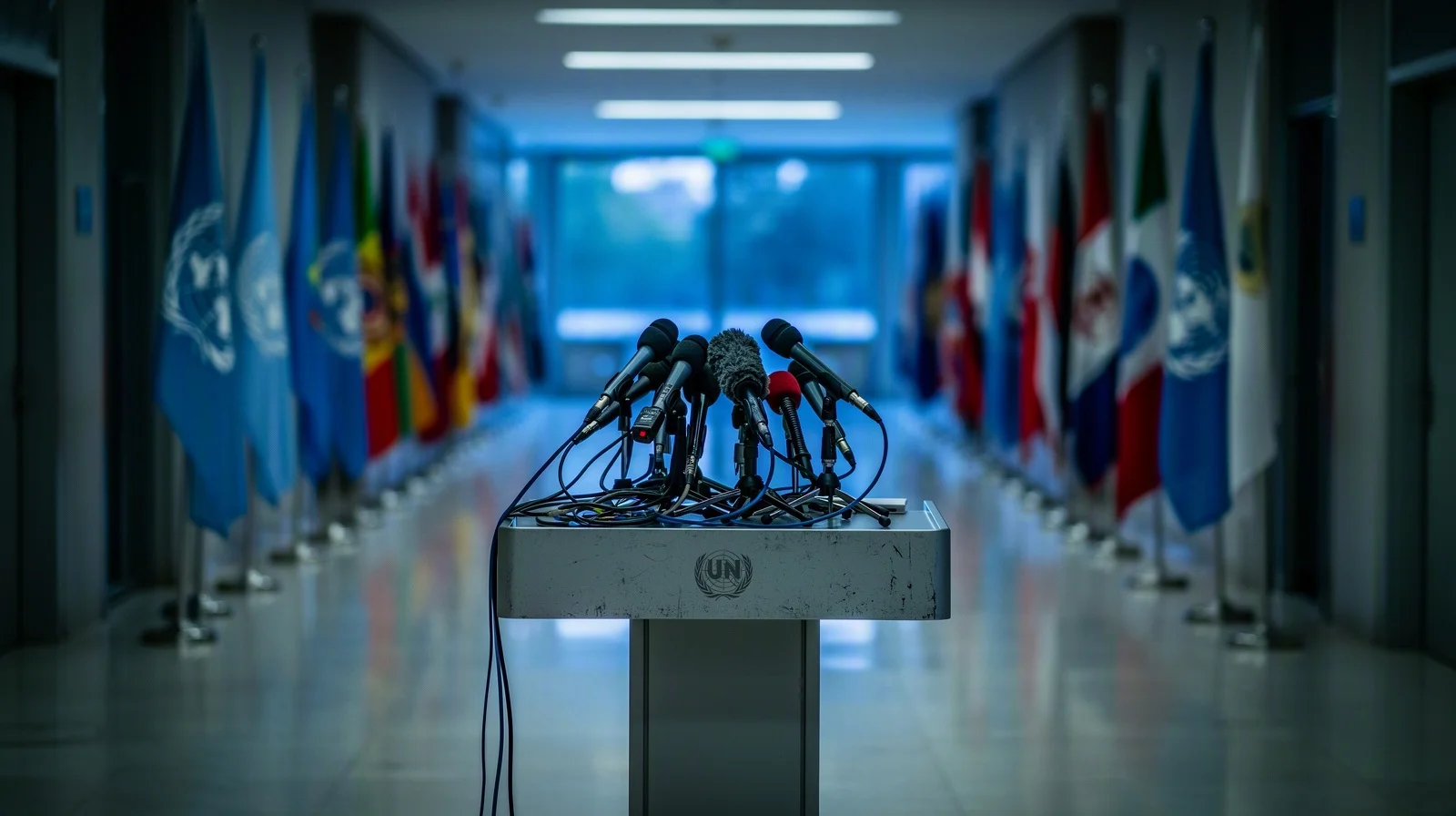 Empty United Nations press corridor at blue hour, microphones on a lectern and blurred flags in the background