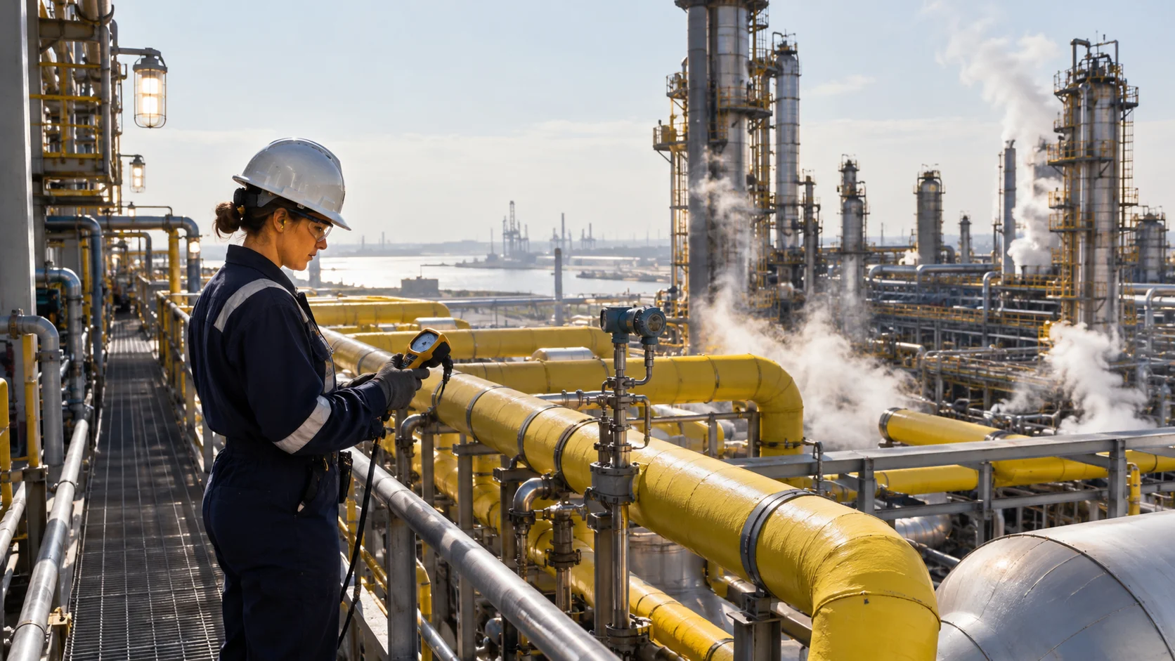Mid-morning operator on an elevated refinery pipewalk checking a handheld gauge beside sulfur-yellow insulated pipes
