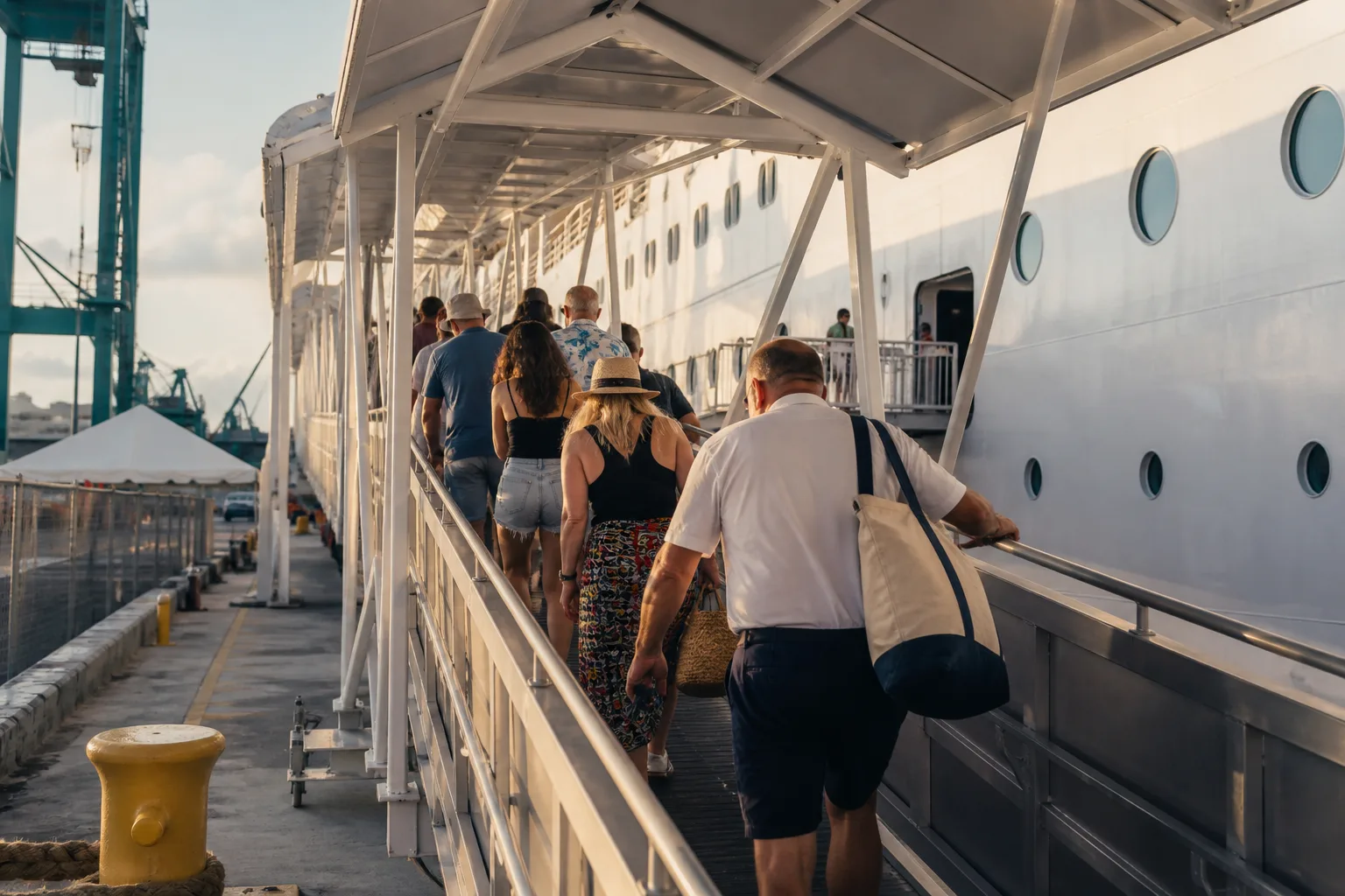 Passengers walking a sunlit cruise-terminal gangway toward a white hull with no readable house flag