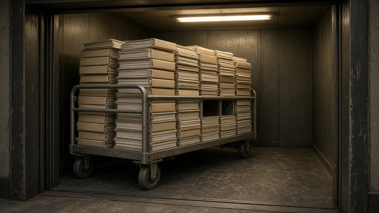 A courthouse freight elevator packed with unlabeled exhibit binders, one thin gap in the stack