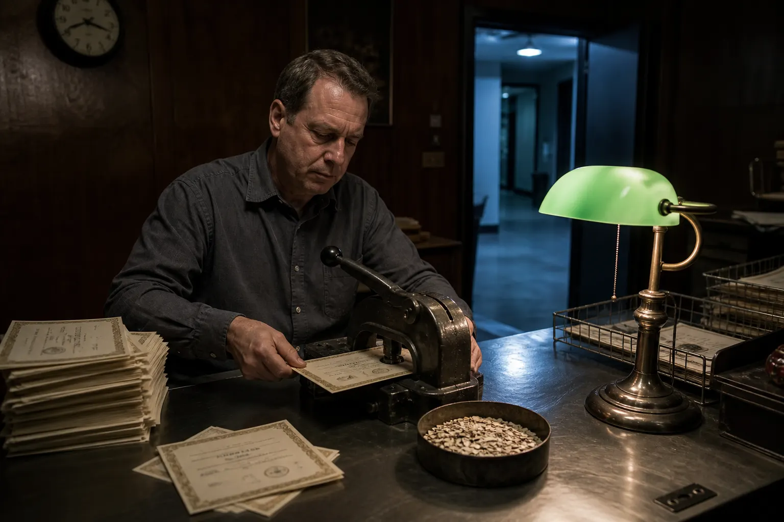 A clerk at a steel table under a banker's lamp feeding share certificates into a heavy cancellation punch, paper discs collecting in a tin