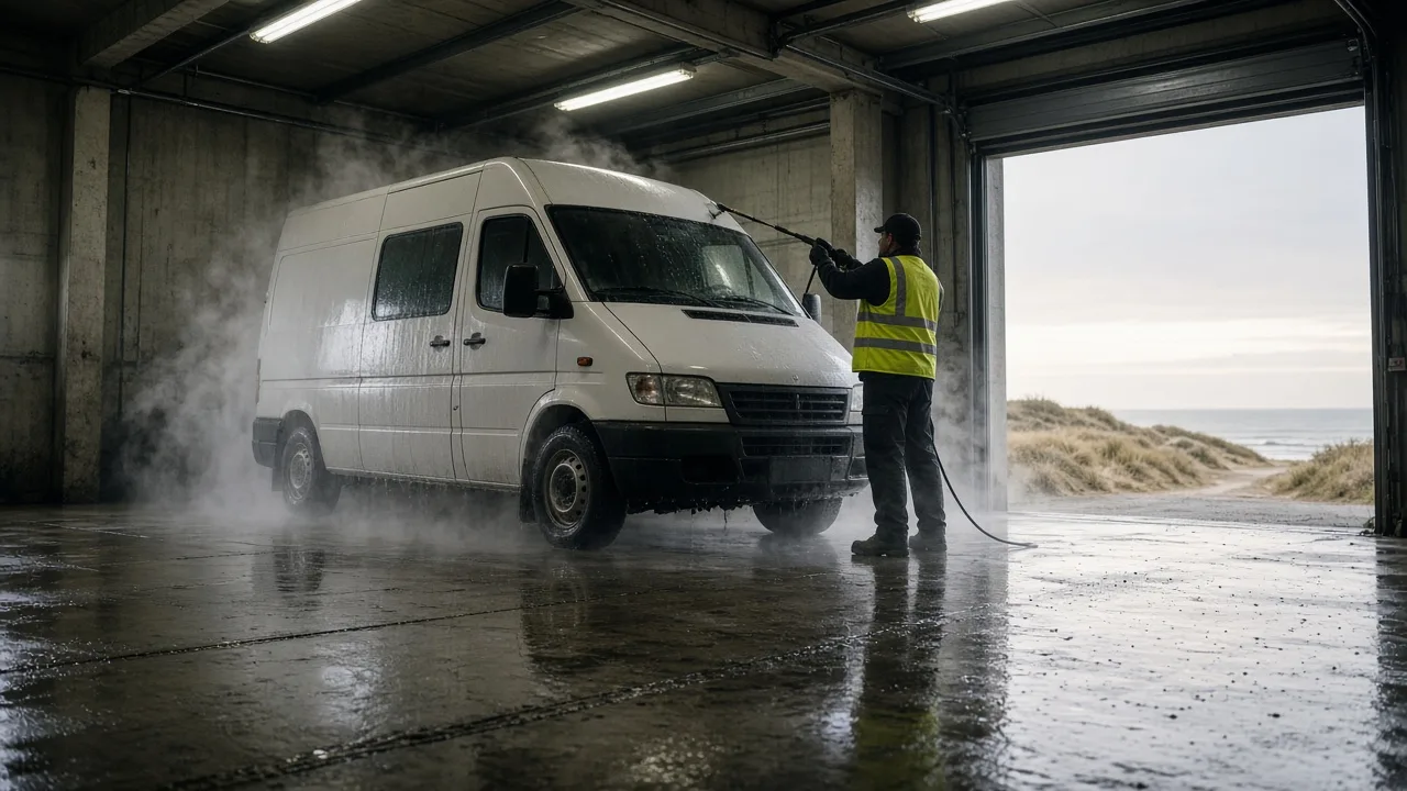 A secure transport van being washed in a detention-facility service bay at dawn, North Sea light through the open door