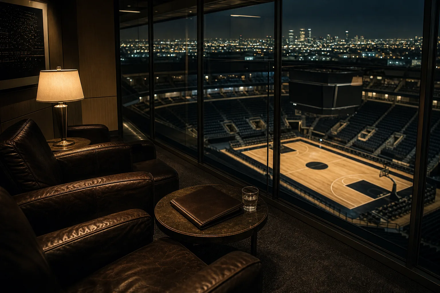 Empty owner's suite above a vacant basketball court, a closed leather folio on the table and city light in the glass