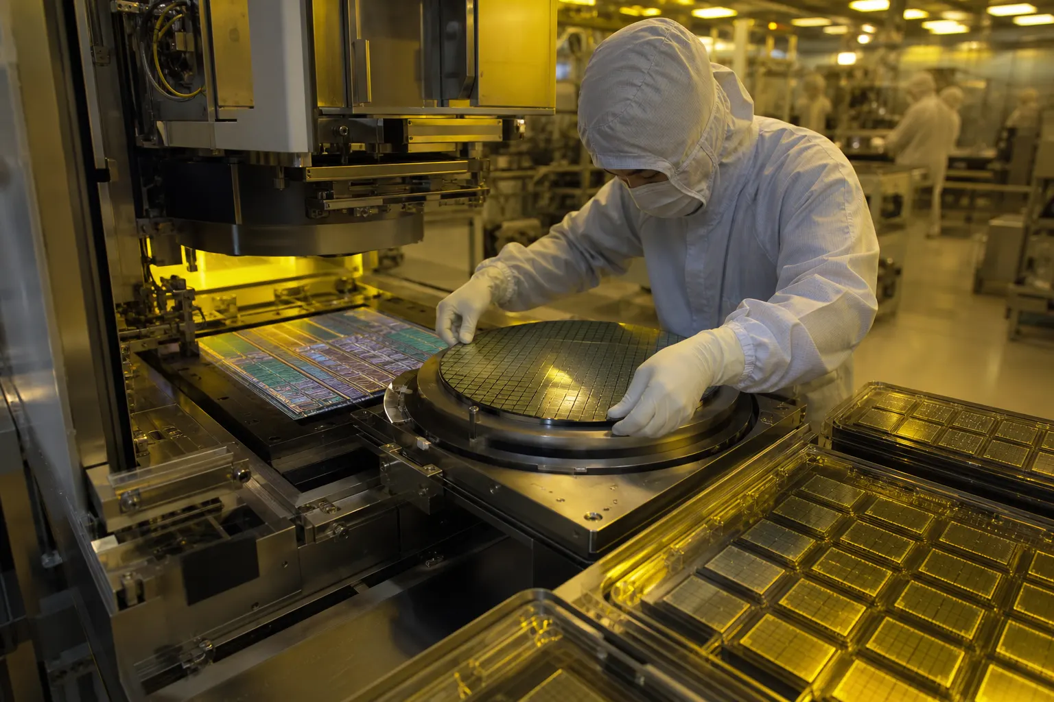 A cleanroom technician aligning HBM stacks beside an unfinished silicon interposer on a packaging tool