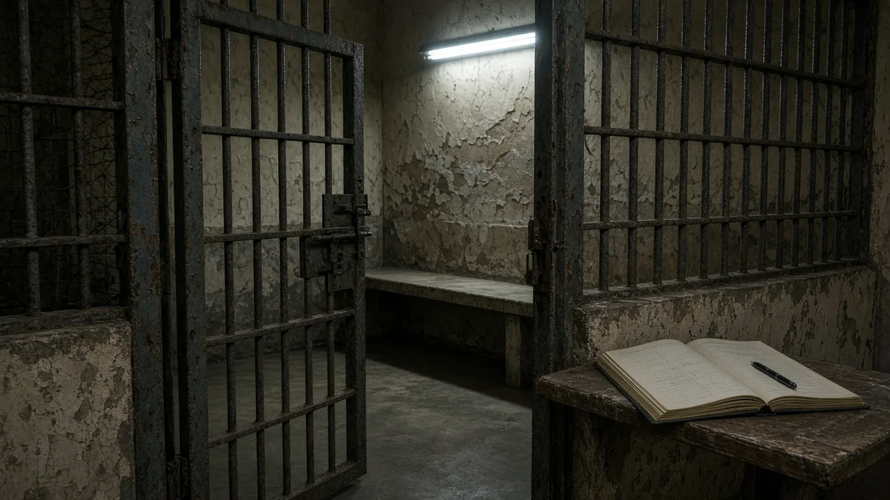 Night lockup corridor with a half-open steel grille under a fluorescent tube and an empty holding bench beyond