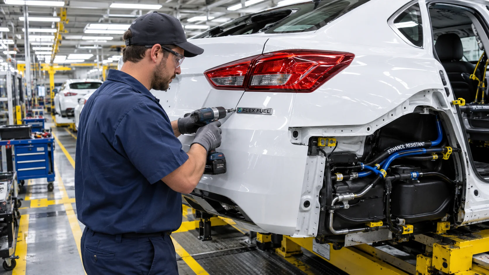 Assembly worker fitting flex-fuel engine components on a sedan chassis in an Indian auto plant