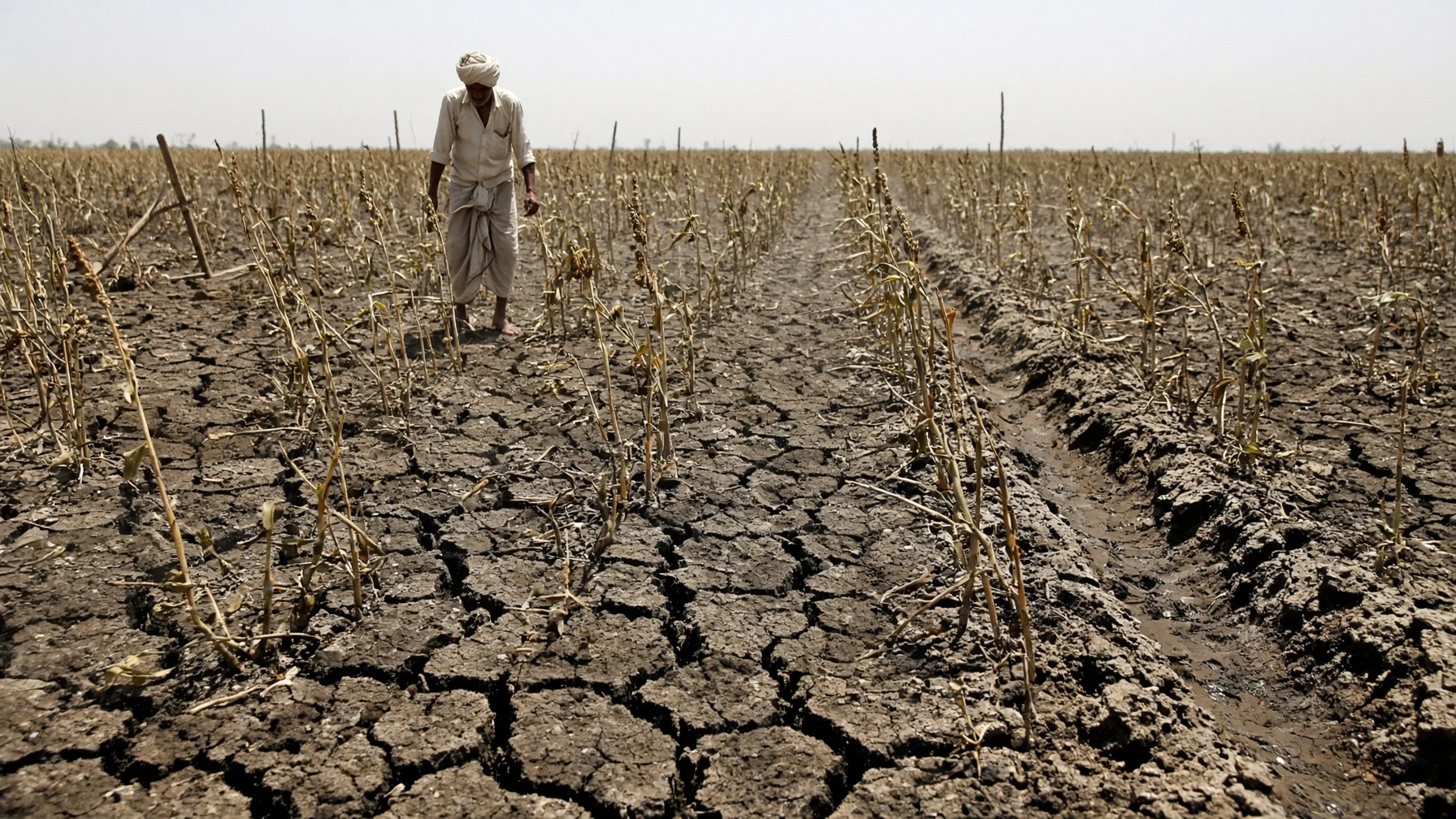 Low-angle view of cracked monsoon-parched black soil and sparse kharif stalks, one farmer inspecting the crop in mid-ground under harsh midday haze