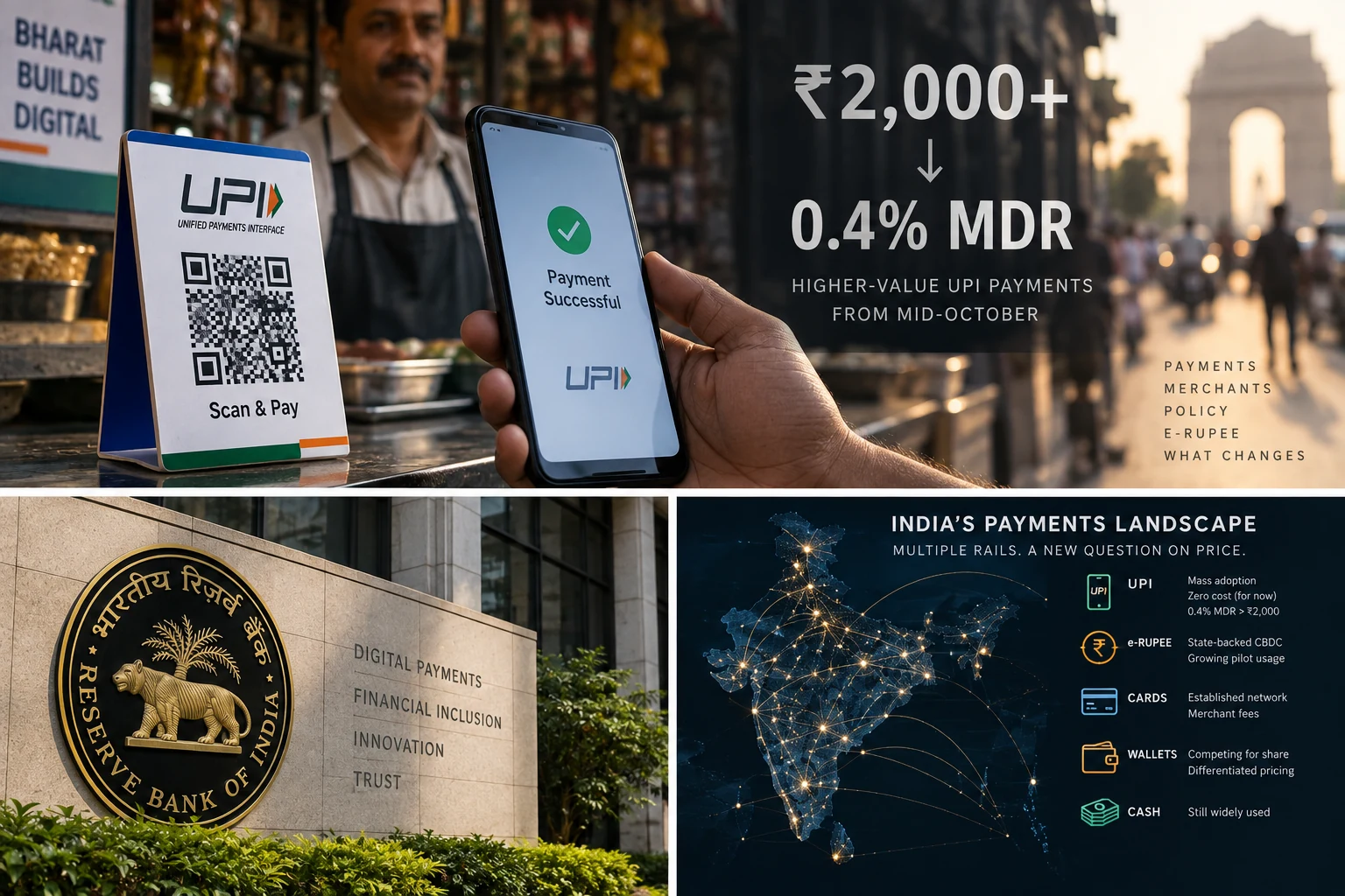 UPI merchant pricing, RBI policy and India’s competing payment rails shown in an editorial payment-system graphic