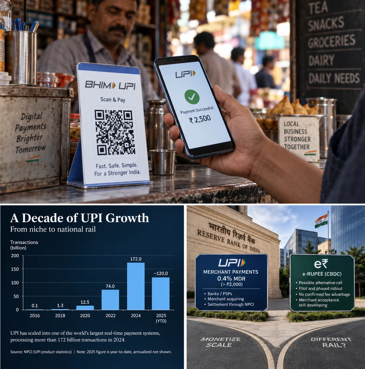 UPI growth, merchant pricing and the unresolved choice between the UPI rail and e-rupee shown as competing payment paths