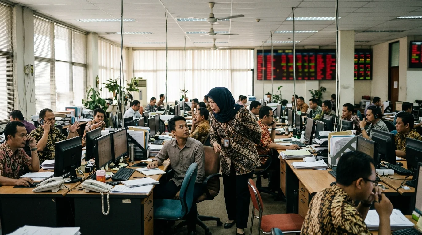 Luminous midday inside a Jakarta brokerage sales floor, brokers at desks facing blurred red quote boards while a supervisor walks the aisle