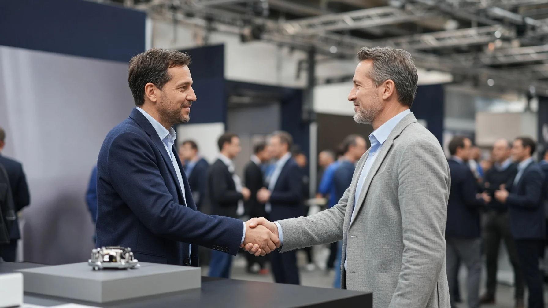 Two trade-show attendees shaking hands beside a demo booth with a blurred crowd and exhibition hall rigging in the background