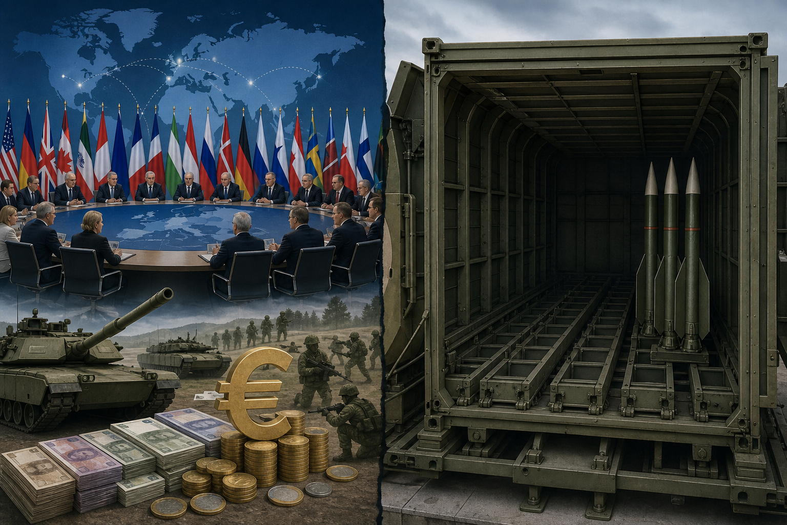 Split view contrasting NATO summit procurement pledges with a nearly empty Patriot interceptor magazine